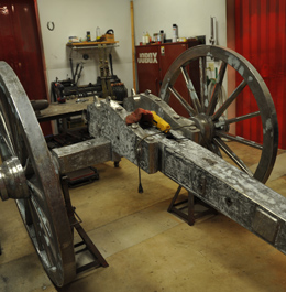 Cannon Carriage under repair at the Gettysburg Cannon Carriage Shop at Old Armory